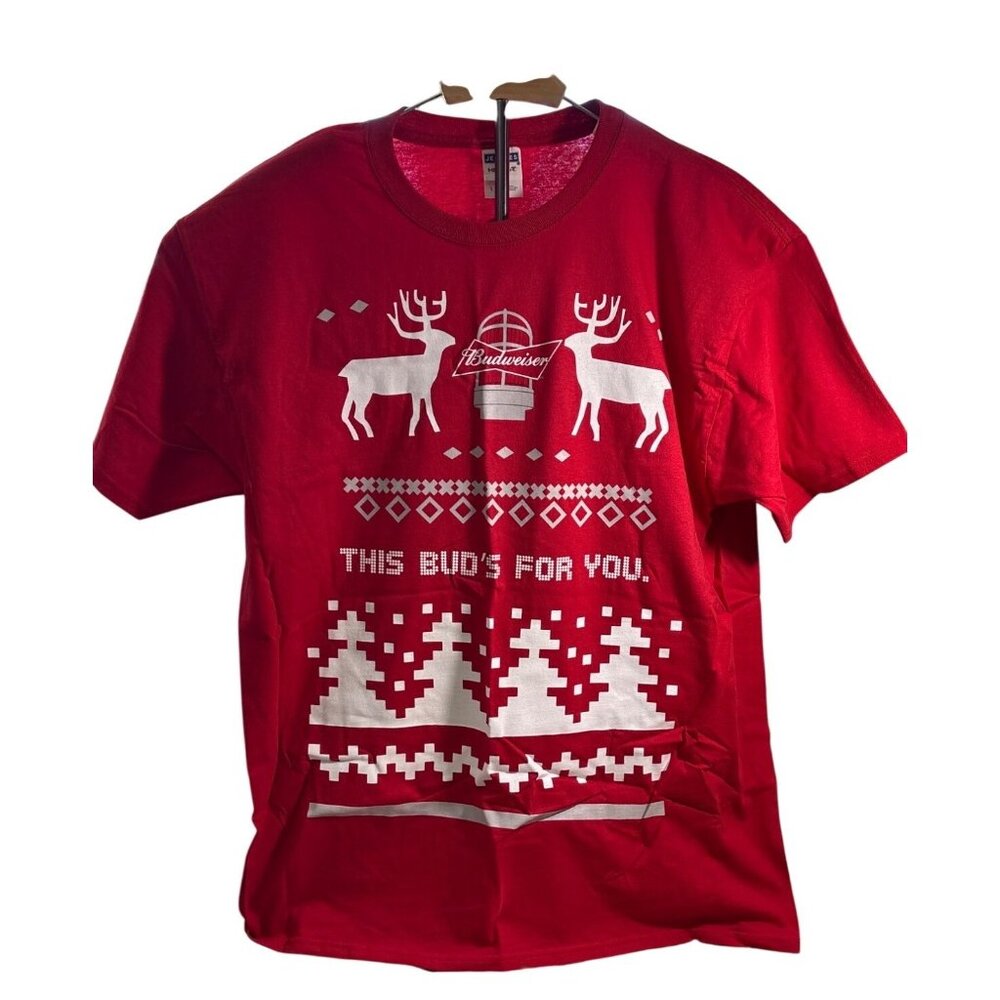 Share Budweiser Christmas Shirt This Buds For You Deer Trees Lg Red Short Sleeve